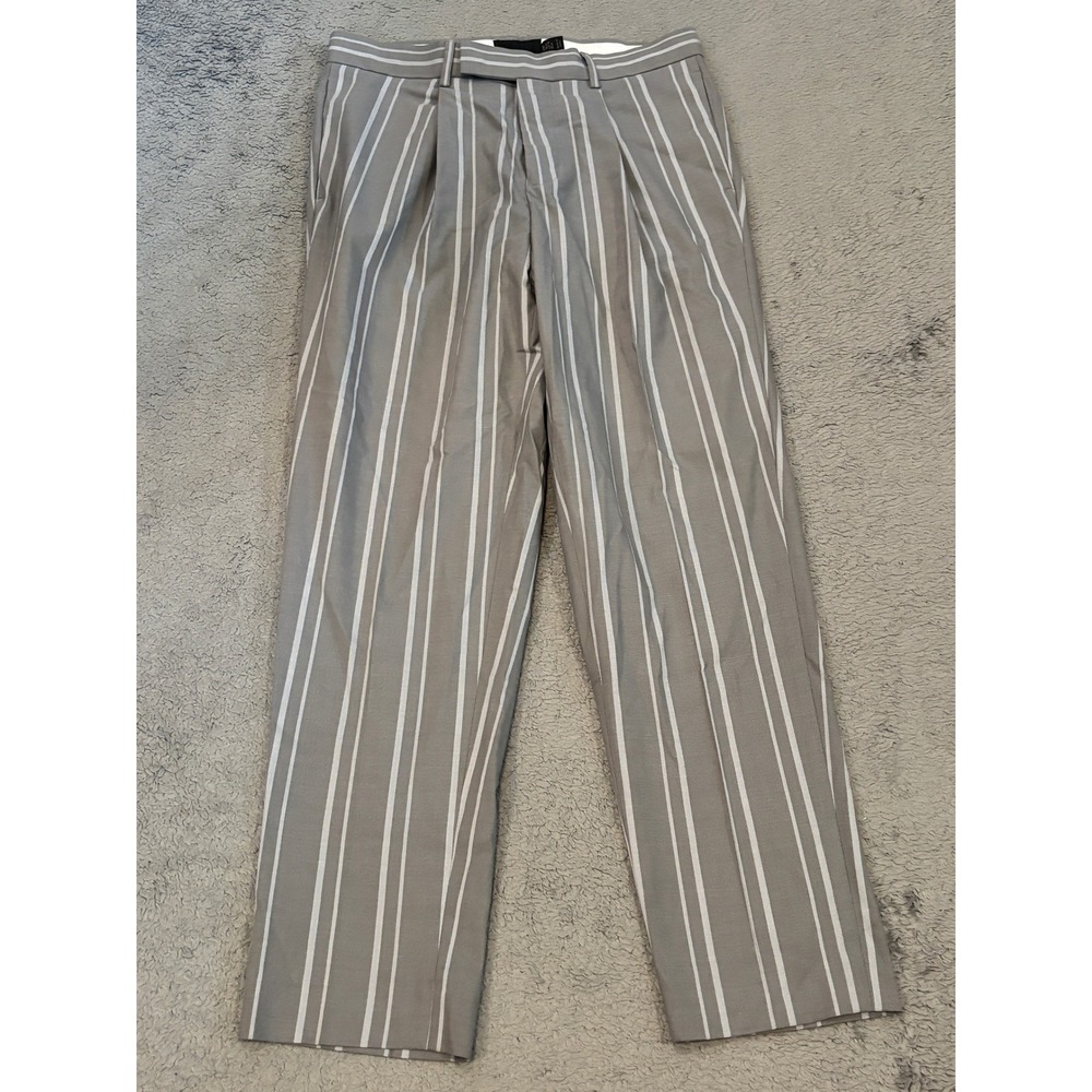 ASOS DESIGN Mens Grey White Striped Pleated Tapered Smart Trousers W30 L26